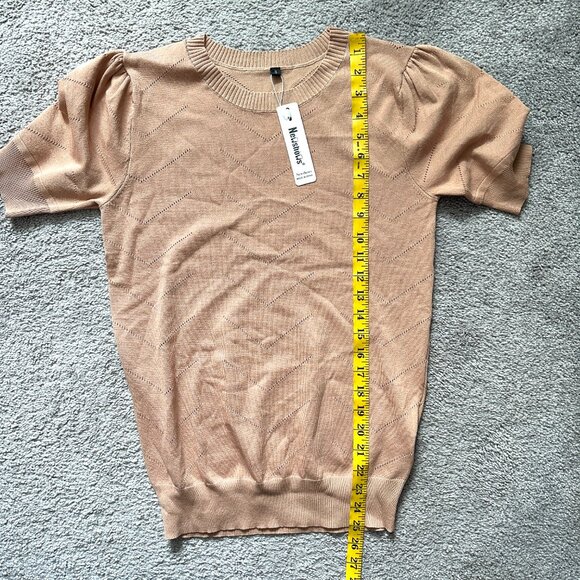 NEWSHOWS | Womens Short Sleeve Sweater Top Lightweight Knit Shirt | Khaki | S - Picture 7 of 9